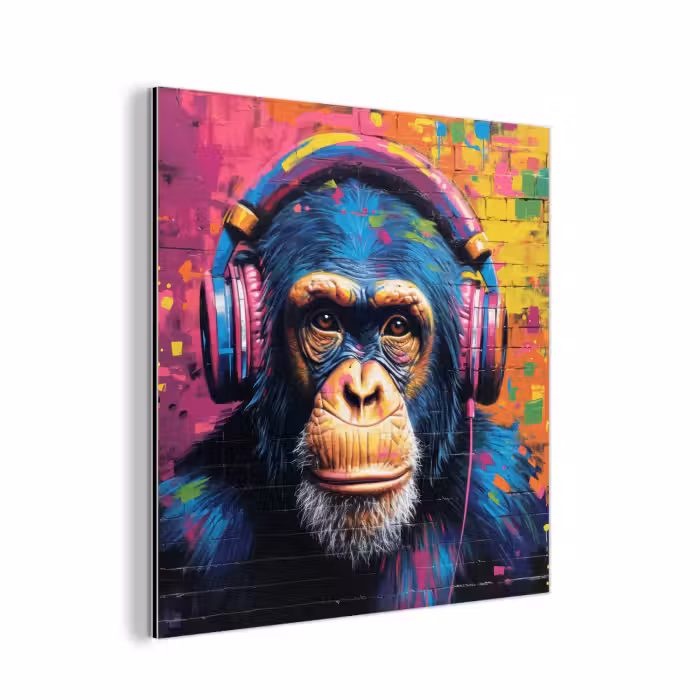 Aluminium schilderij - Graffiti - Chimpanzee - Street art - Koptelefoon - Aap