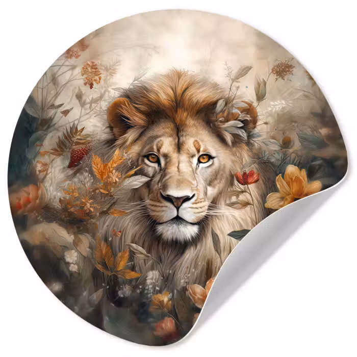 Behangcirkel - Leeuw - Wilde dieren - Planten - Natuur - Bloemen