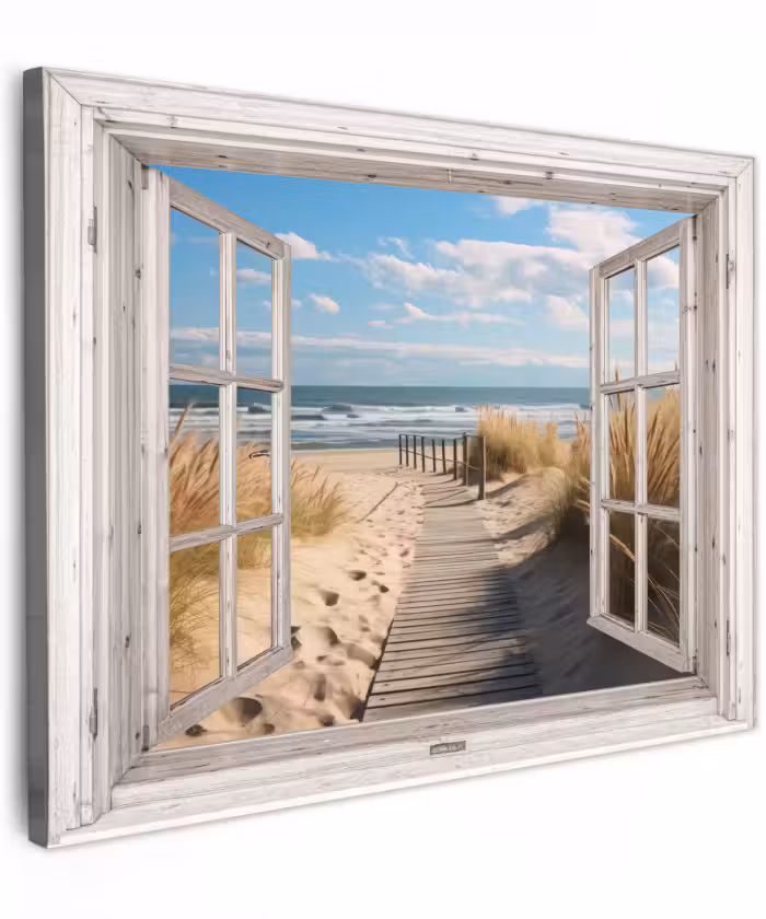 Canvas schilderij - Raam - Zee - Kust - Natuur - Doorkijk - Strand - Waddenzee