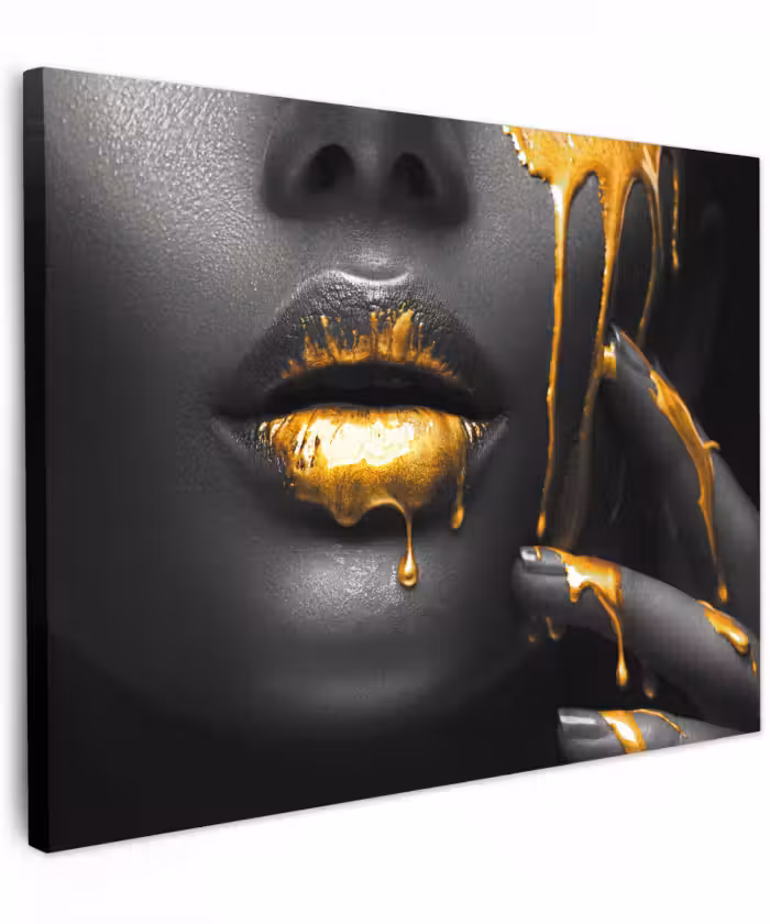 Canvas schilderij - Vrouw - Zwart - Goud - Gezicht - Lippen