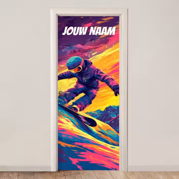 Deursticker met naam - Abstract - Snowboarder - Neonkleuren