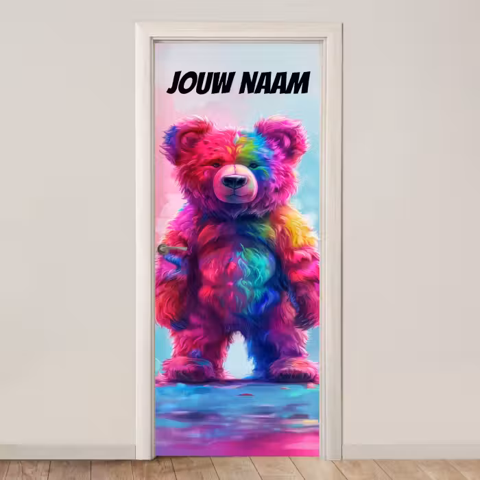 Deursticker met naam - Abstract - Teddybeer - Regenboogkleuren