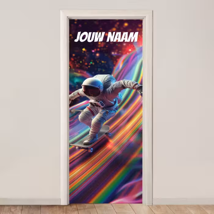 Deursticker met naam - Astronaut - Skateboard - Regenboogkleuren