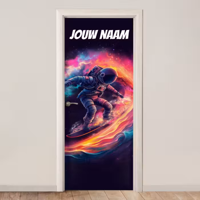 Deursticker met naam - Astronaut - Sterrenstelsel - Kleurrijk