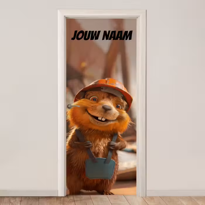 Deursticker met naam - Bever - Bouwhelm - Bruin