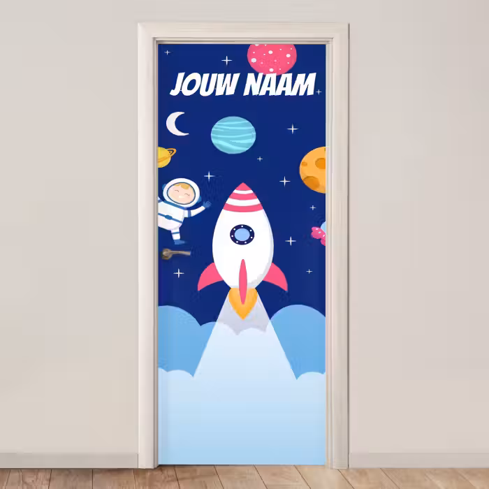 Deursticker met naam - Cartoon - Raket - Blauw