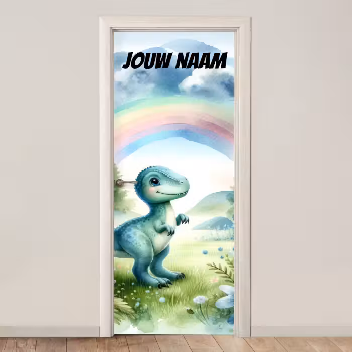 Deursticker met naam - Dinosaurus - Regenboog - Kleurrijk