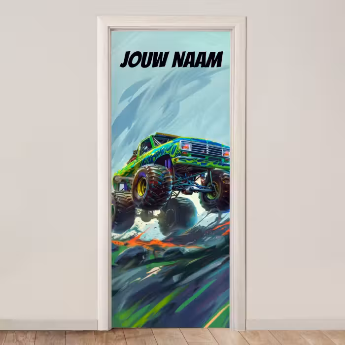 Deursticker met naam - Monstertruck - Banden - Kleurrijk