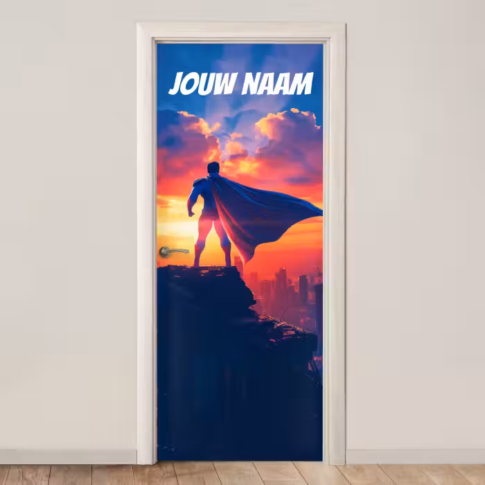 Deursticker met naam - Superheld - Cape - Zonsondergang