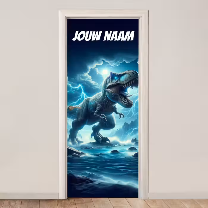 Deursticker met naam - T-rex - Bliksem - Blauw