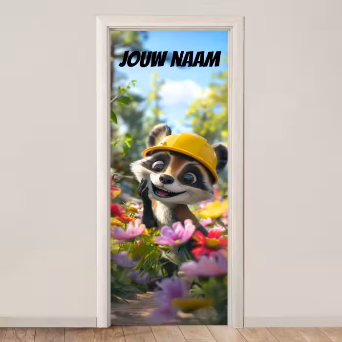 Deursticker met naam - Wasbeer - Bouwhelm - Geel