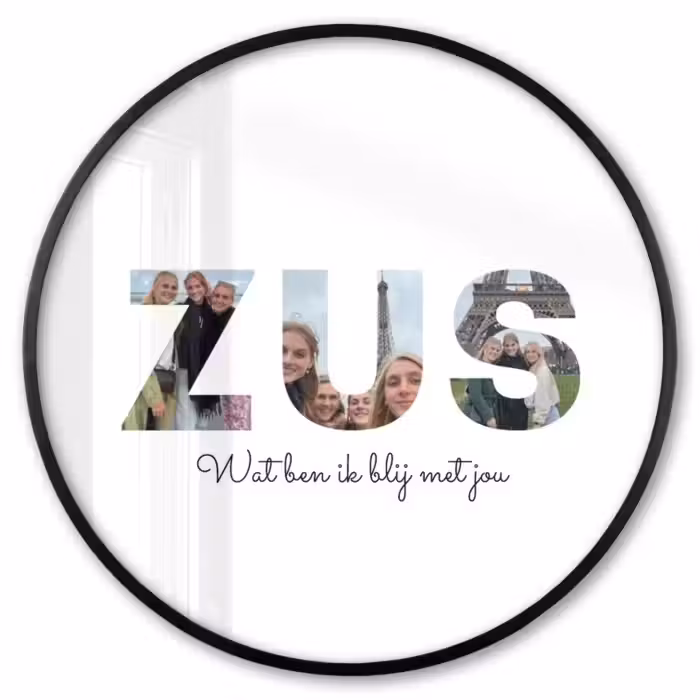 Gepersonaliseerde ronde fotolijst - Zus - Lettercollage