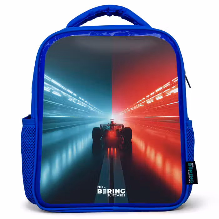 Kinderrugzak - Blauw - Baan - Raceauto - Neon - Rood