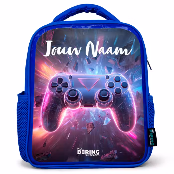 Kinderrugzak met naam - Blauw - Controller - Neon - Game
