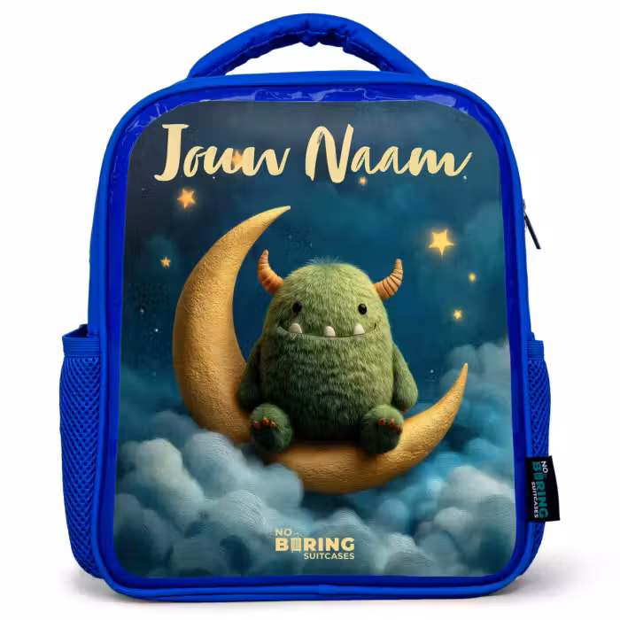 Kinderrugzak met naam - Blauw - Groen monster op maansikkel