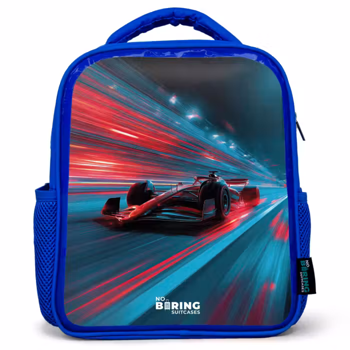 Kinderrugzak - Blauw - Raceauto - Baan - Neon - Verlichting