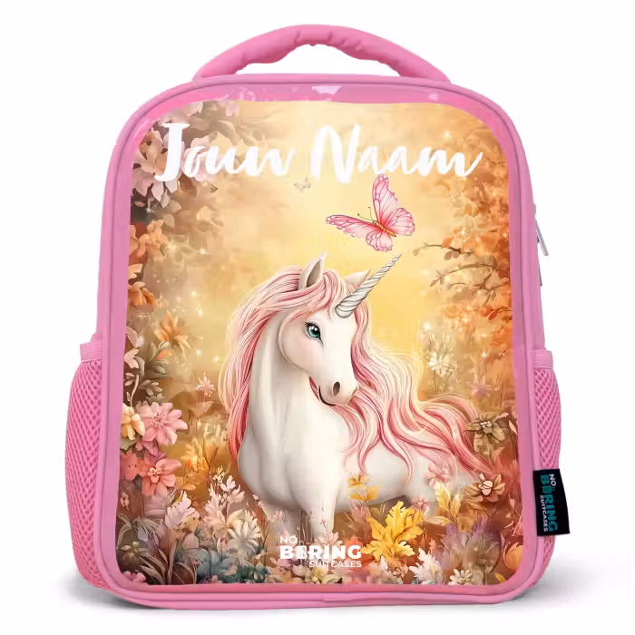 Kinderrugzak met naam - Roze - Eenhoorn - Vlinder - Roze - Manen