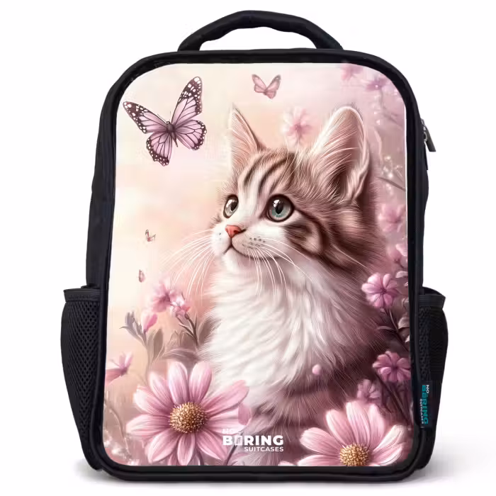 Kinderrugzak - Zwart - Kat - Paars - Vlinders - Bloemen
