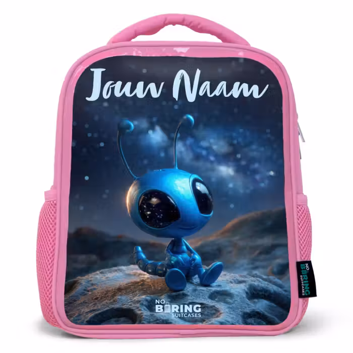 Kinderrugzak met naam - Roze - Blauw buitenaards wezentje onder sterrenhemel