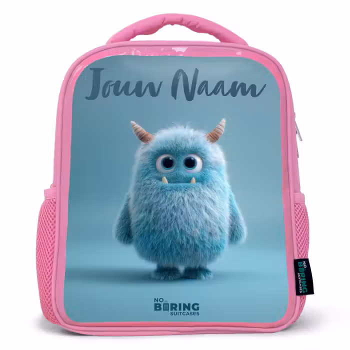 Kinderrugzak met naam - Roze - Blauw pluizig monster met hoorns