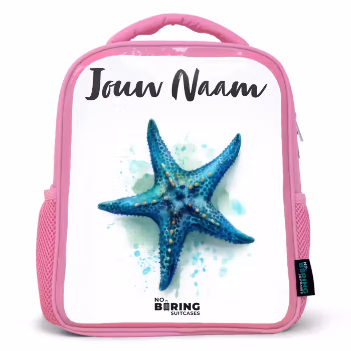 Kinderrugzak met naam - Roze - Blauwe Zeester op Witte Achtergrond