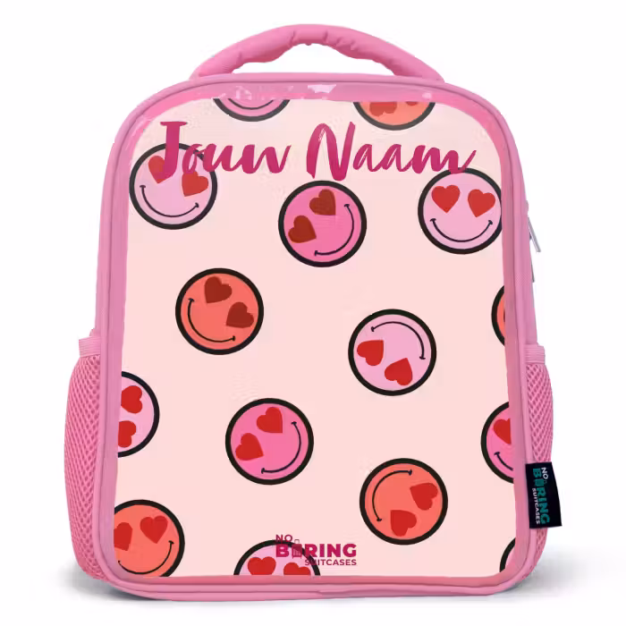 Kinderrugzak met naam - Roze - Hartje - Smiley - Patroon