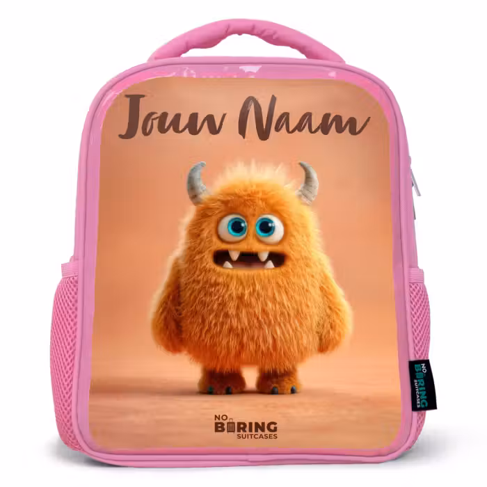 Kinderrugzak met naam - Roze - Oranje Pluizig Monster met Hoorns