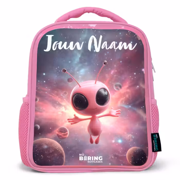 Kinderrugzak met naam - Roze - Roze Alien in Sterrennevel