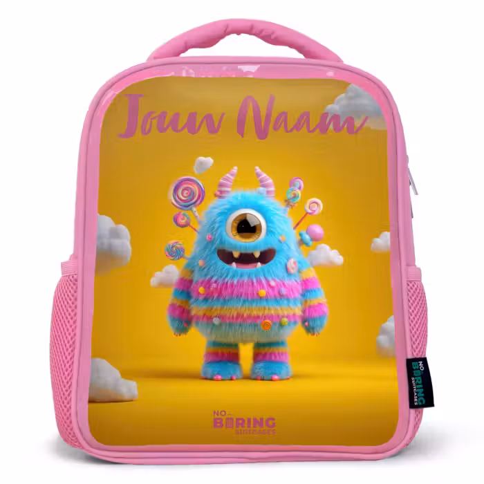 Kinderrugzak met naam - Roze - Snoep - Monster - Regenboog
