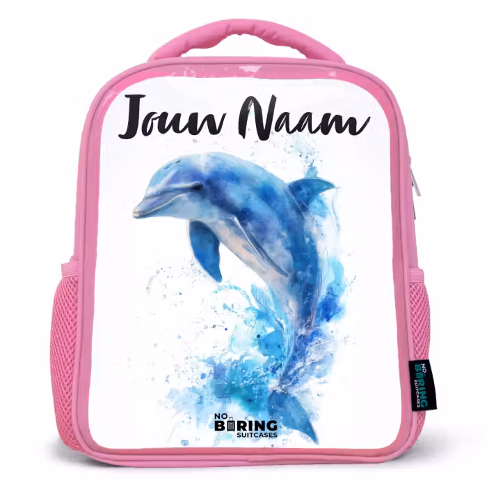 Kinderrugzak met naam - Roze - Springende blauwe dolfijn