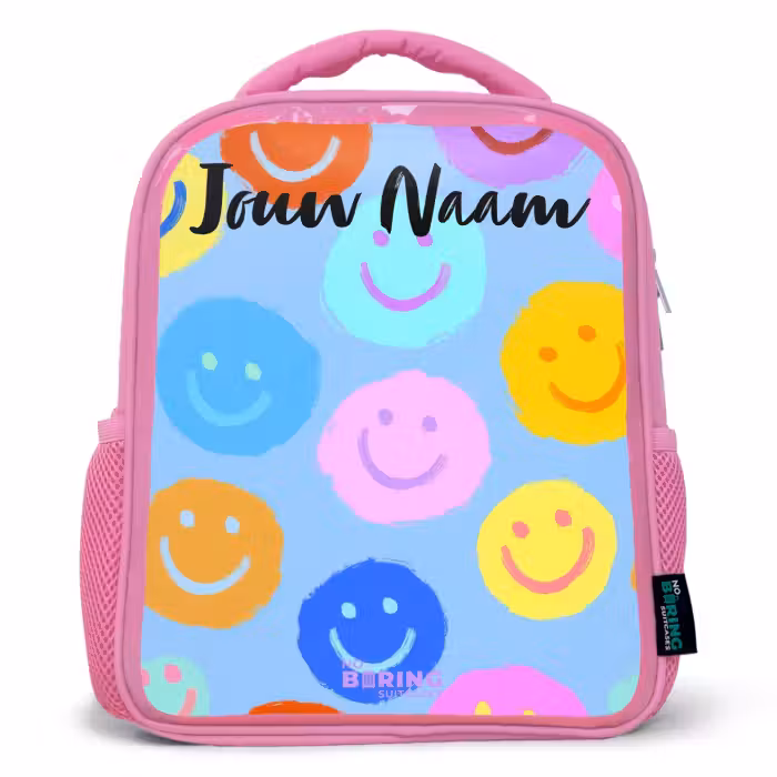 Kinderrugzak met naam - Roze - Vrolijk patroon van smileys