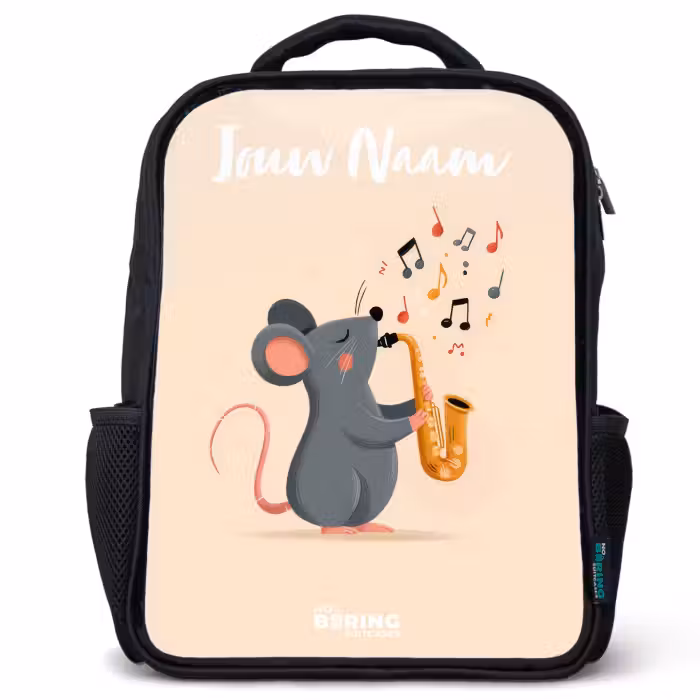 Kinderrugzak met naam - Zwart - Muis - Saxofoon - Muziek