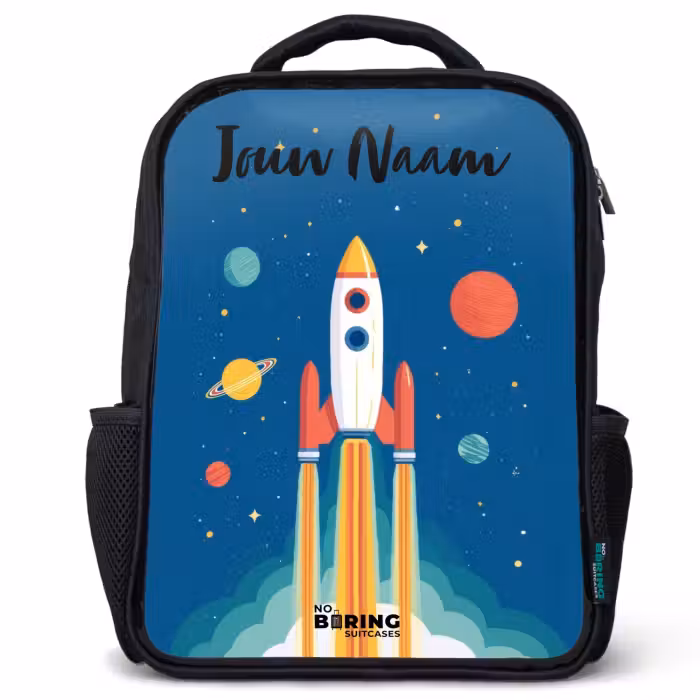 Kinderrugzak met naam - Zwart - Raket - Planeet - Sterren - Veelkleurig