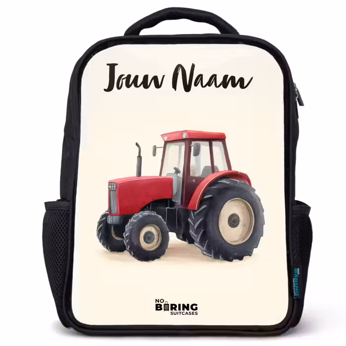 Kinderrugzak met naam - Zwart - Tractor - Getekend - Rood