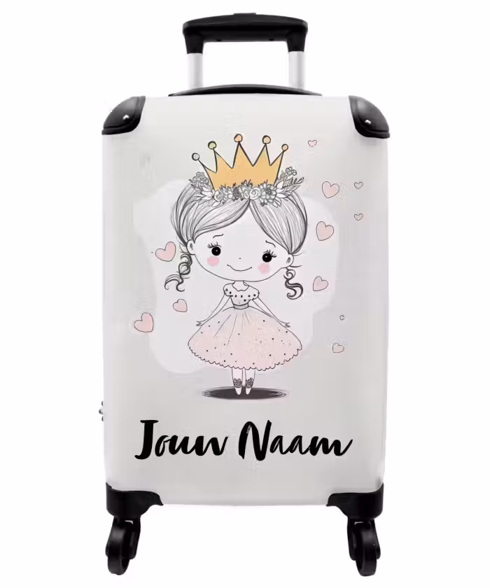 Koffer met naam - Prinses met kroon en roze hartjes