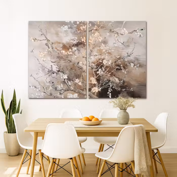 Meerluik schilderij -  2 luiken - Amandelbloesem - Abstract - Beige