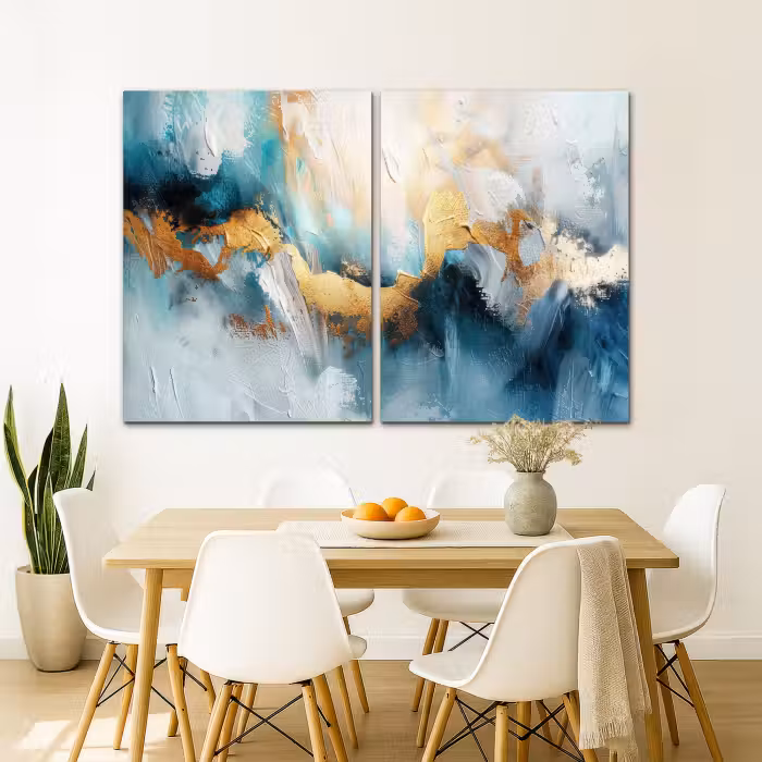 Meerluik schilderij -  2 luiken - Blauw - Abstract - Wit - Goud - Verf