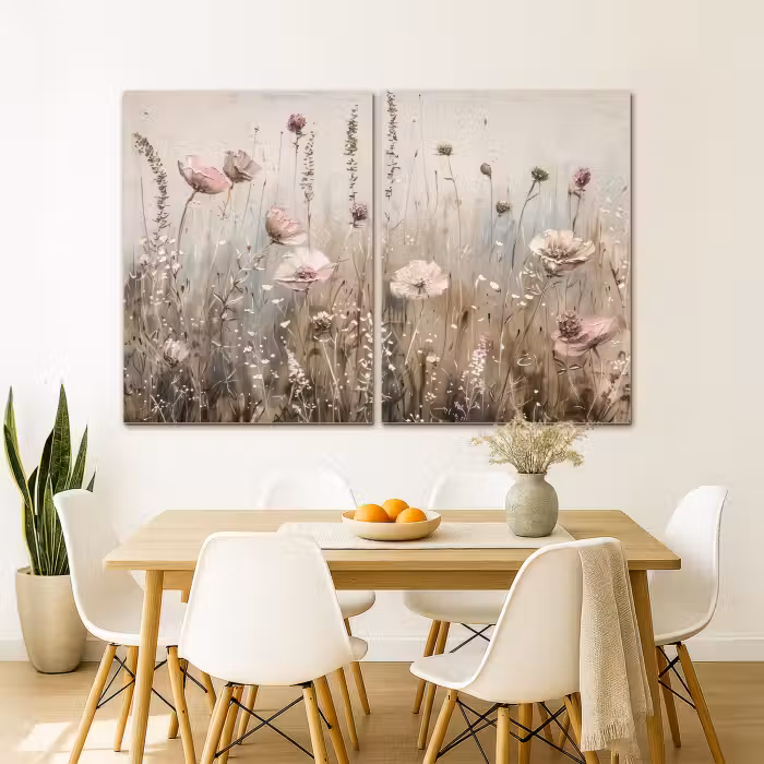 Meerluik schilderij -  2 luiken - Bloemen - Beige - Modern - Roze