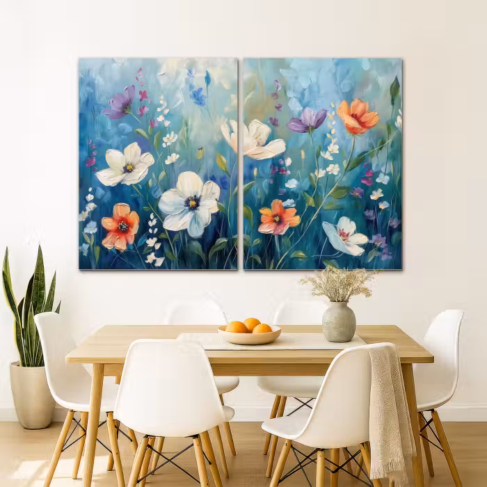 Meerluik schilderij -  2 luiken - Bloemen - Kleurrijk - Blauw - Natuur