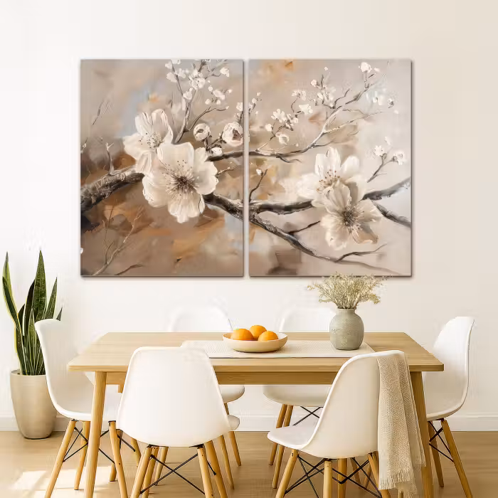 Meerluik schilderij -  2 luiken - Bloesem - Beige - Abstract - Bloemen