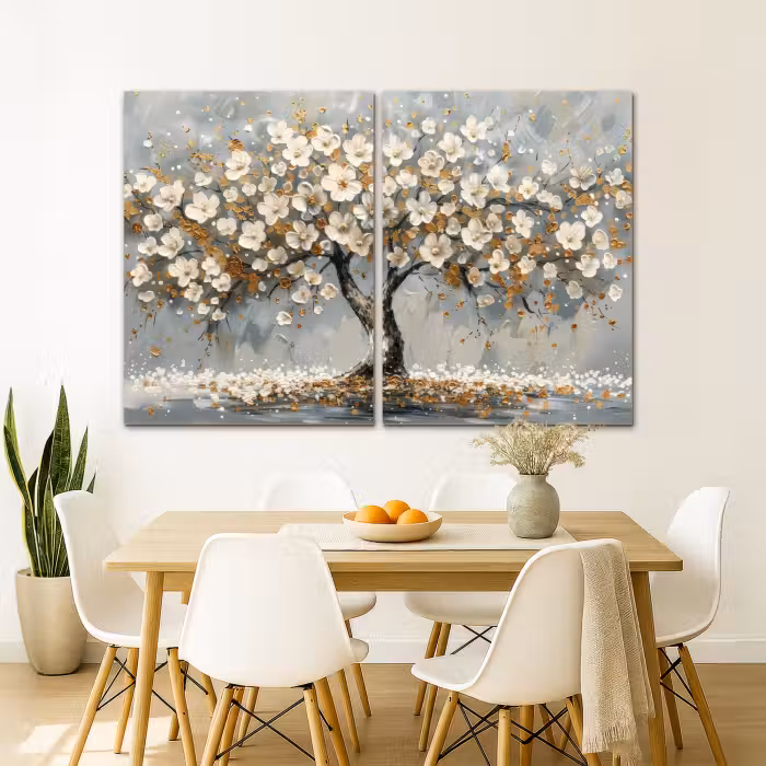Meerluik schilderij -  2 luiken - Boom - Abstract - Wit - Bloesem