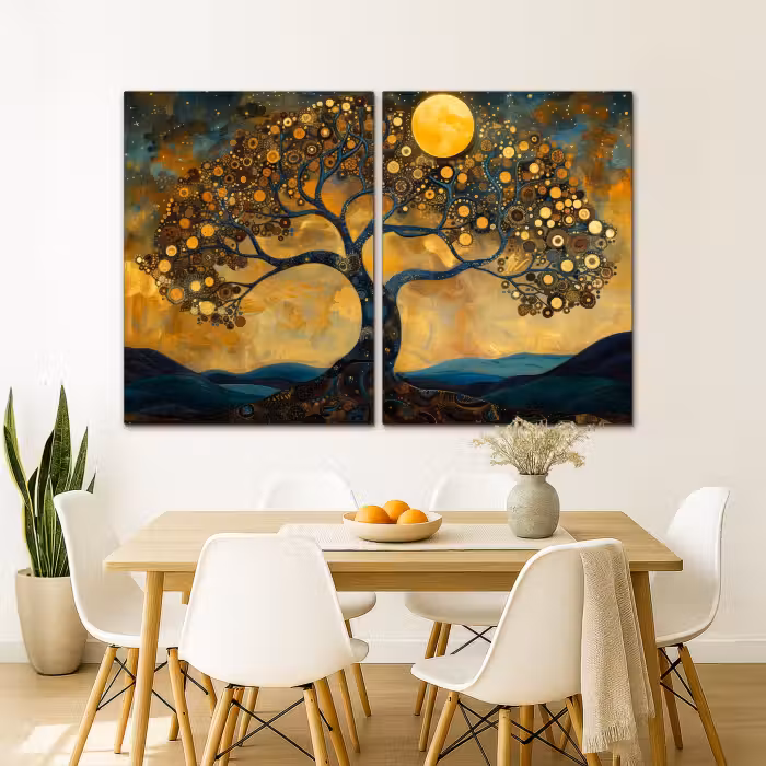 Meerluik schilderij -  2 luiken - Boom - Geel - Abstract - Modern