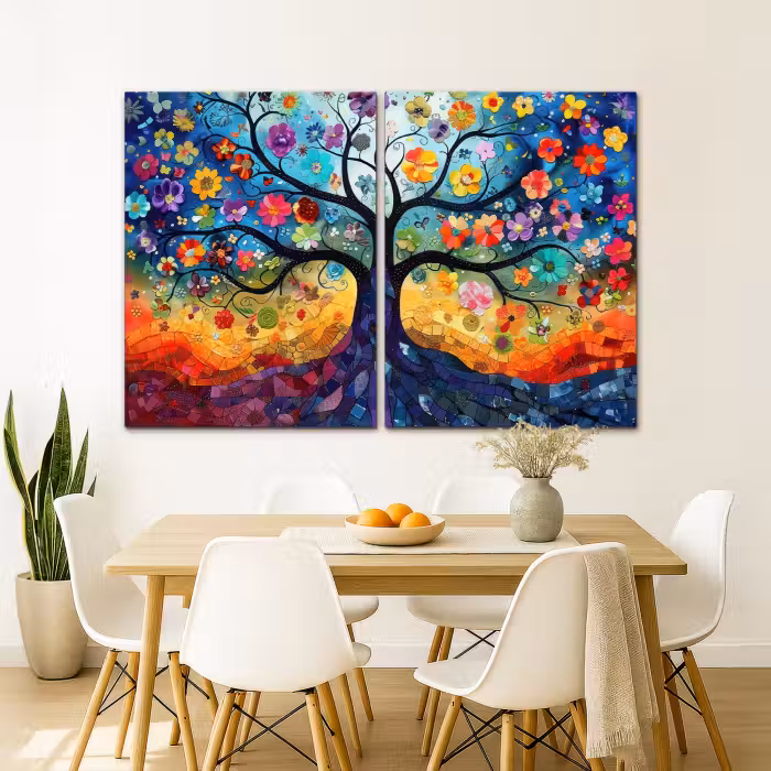 Meerluik schilderij -  2 luiken - Kleurrijk - Levensboom - Bloemen - Abstract