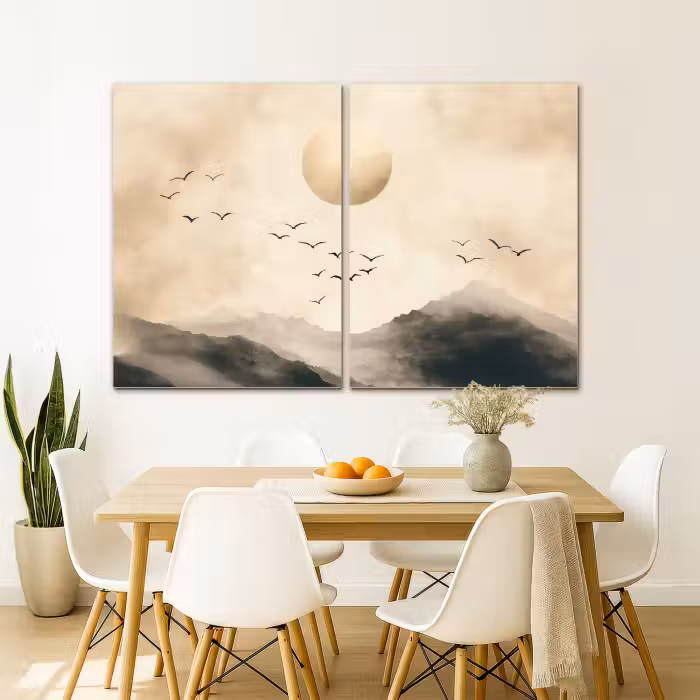 Meerluik schilderij -  2 luiken - Landschap - Japandi - Beige - Vogels