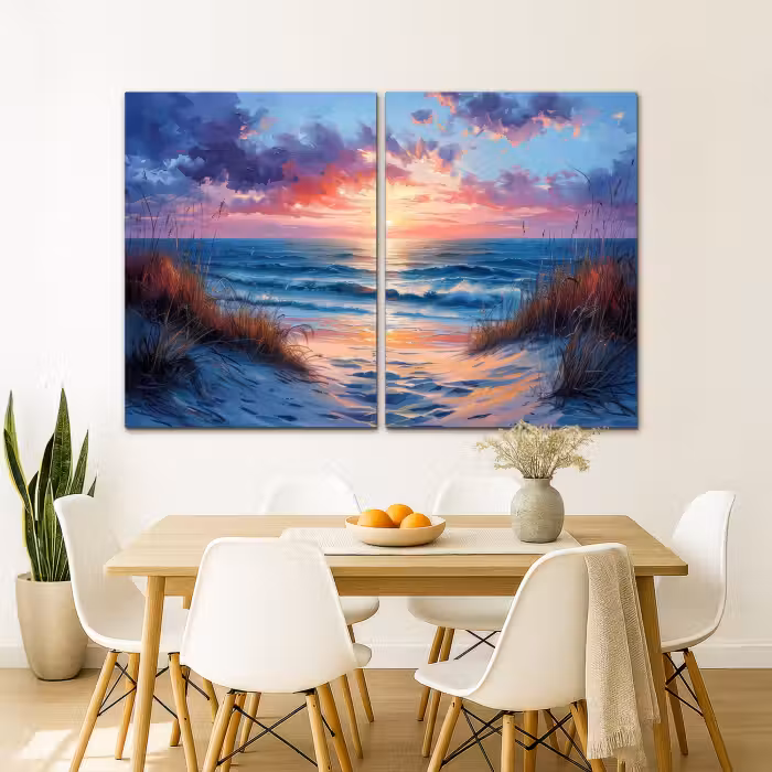 Meerluik schilderij -  2 luiken - Strand - Blauw - Verf - Paars