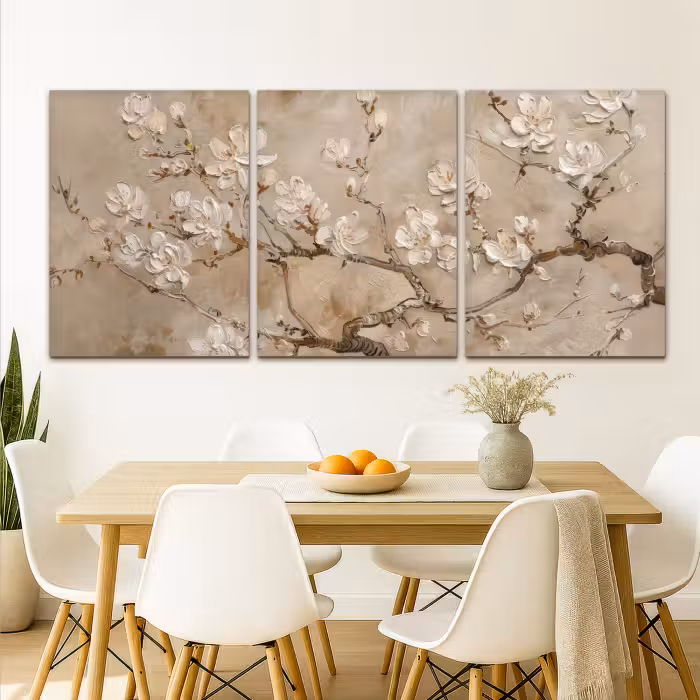 Meerluik schilderij -  3 luiken - Beige - Bloesem - Modern