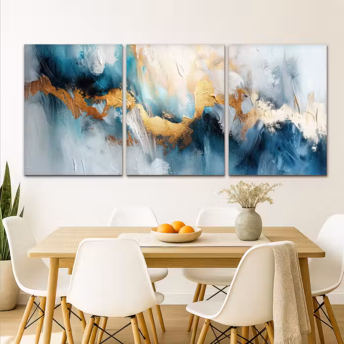 Meerluik schilderij -  3 luiken - Blauw - Abstract - Wit - Goud - Verf
