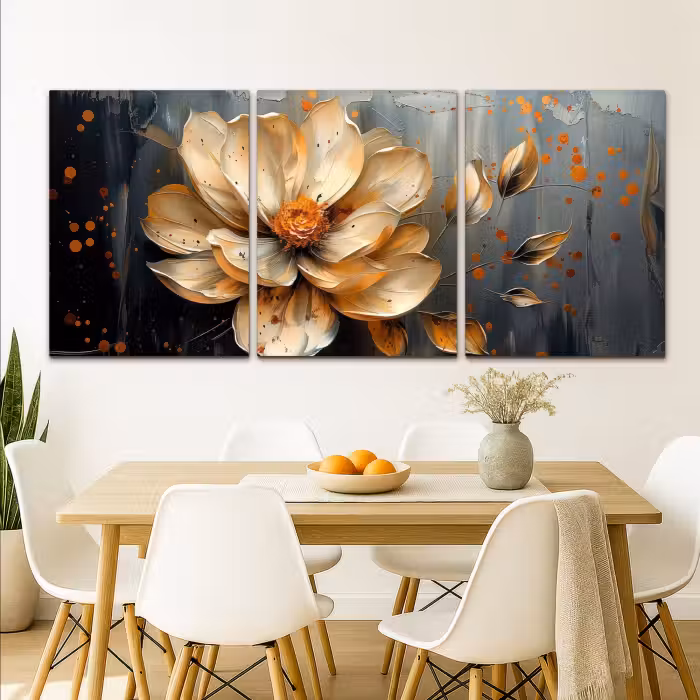 Meerluik schilderij -  3 luiken - Bloem - Goud - Abstract - Verf