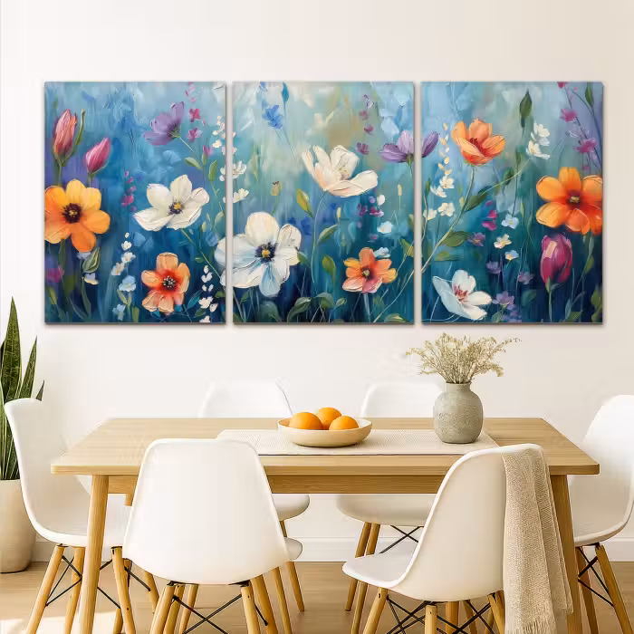 Meerluik schilderij -  3 luiken - Bloemen - Kleurrijk - Blauw - Natuur