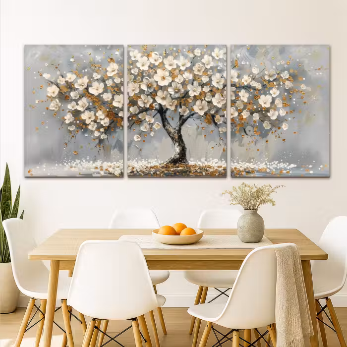 Meerluik schilderij -  3 luiken - Boom - Abstract - Wit - Bloesem